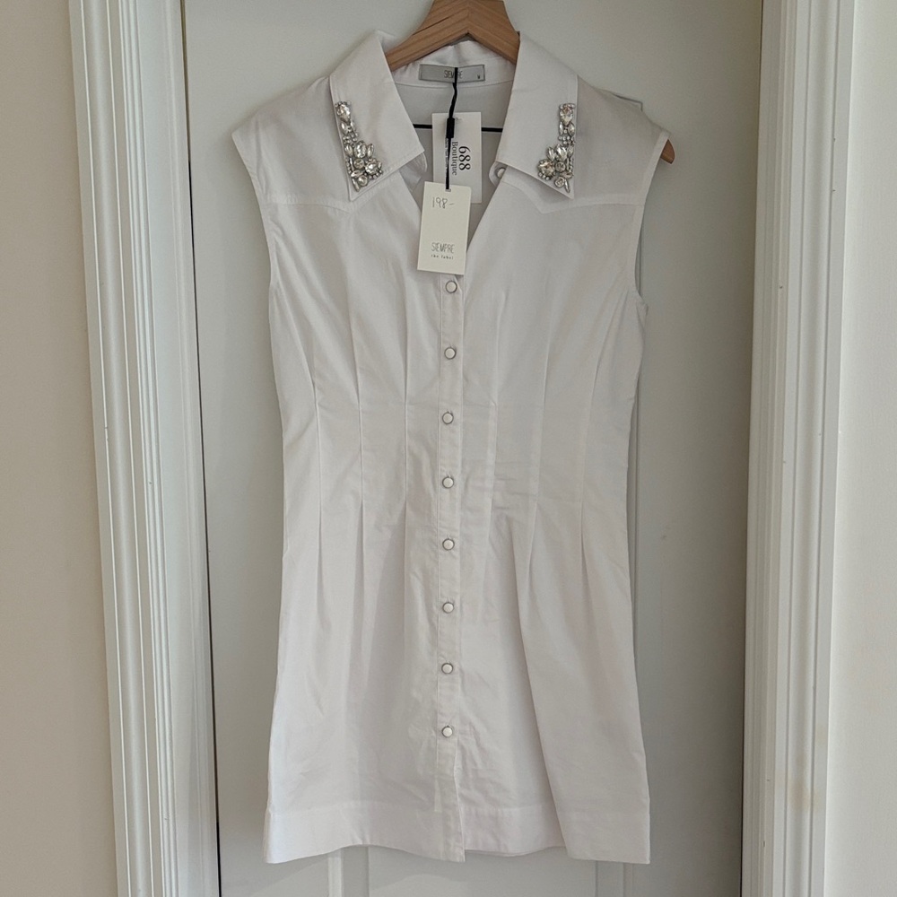 White Sleeveless Mini Dress with Embellished Collar
